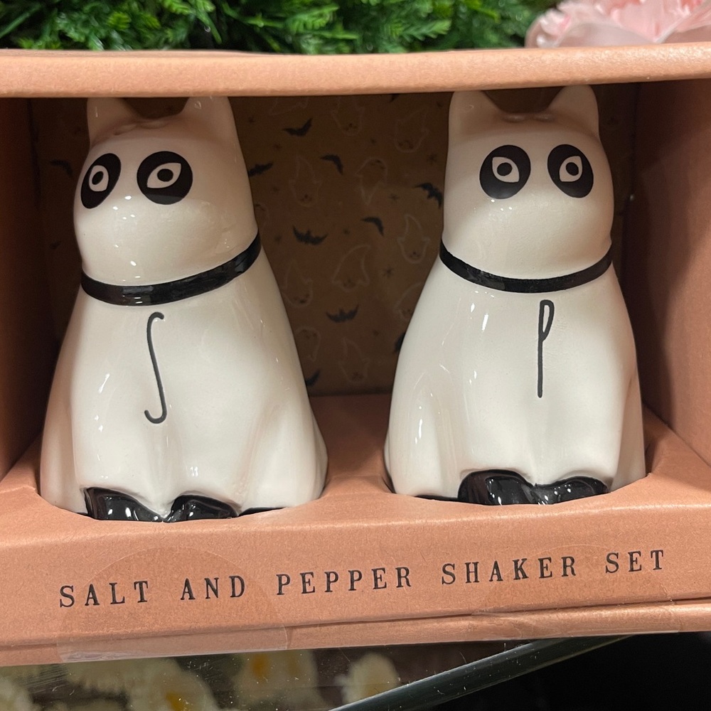 Rae Dunn Halloween Ghost Cats Black Cat Ceramic Salt & Pepper Shakers NWT